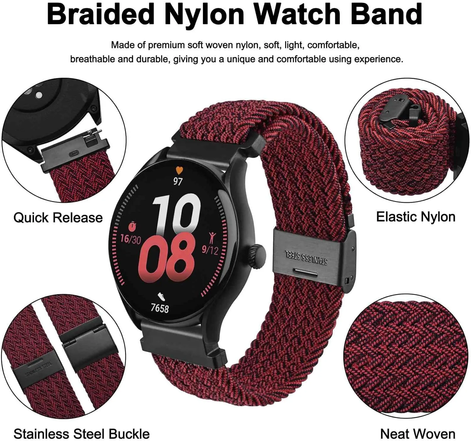 WOCCI 22mm Braided Nylon Watch Bands for Men and Women, 2 Packs Replacement Straps (Blue Red Black)