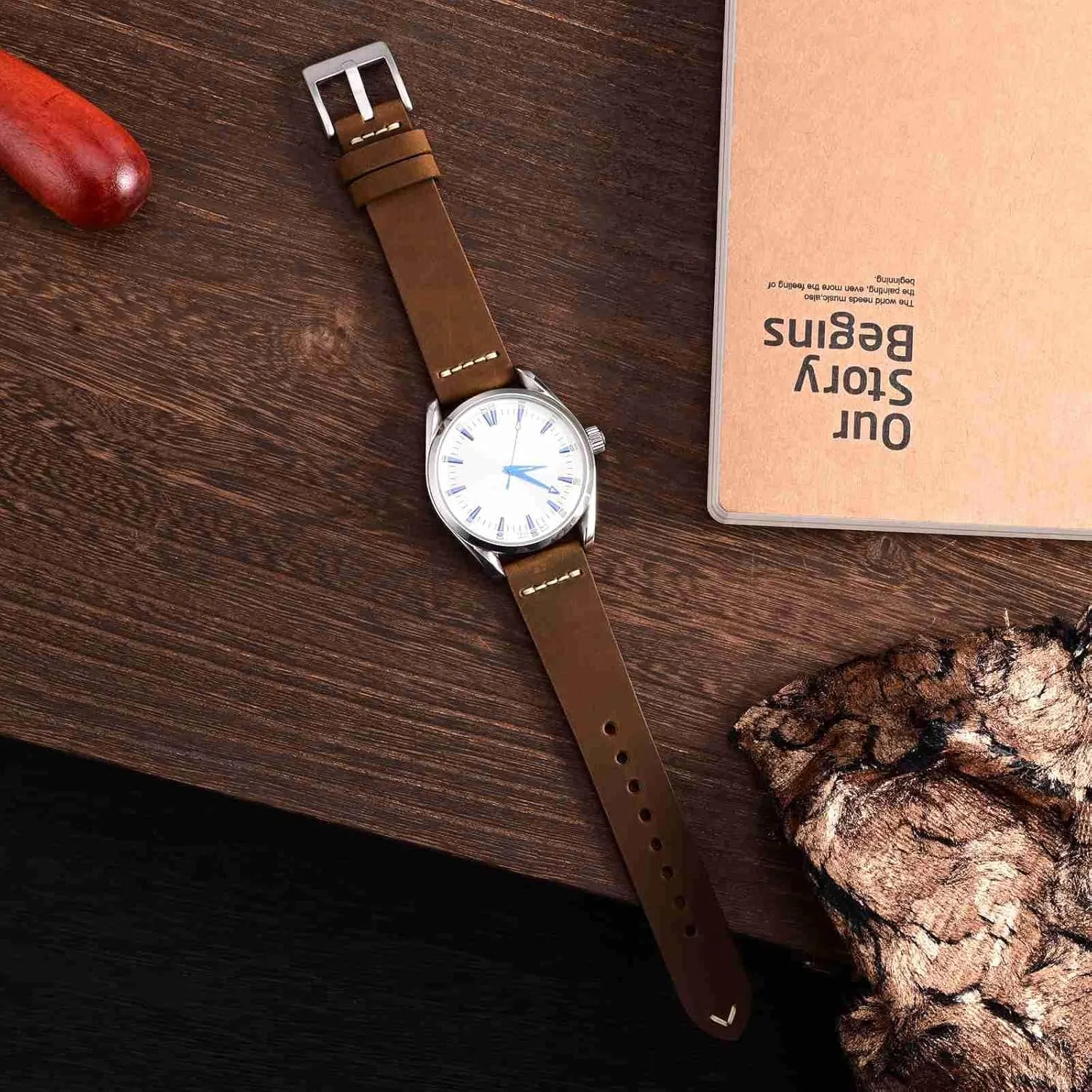 WOCCI 26mm Old-fashioned Watch Band for Men, Top Grain Leather, Silver Brushed Buckle (Caramel Brown)