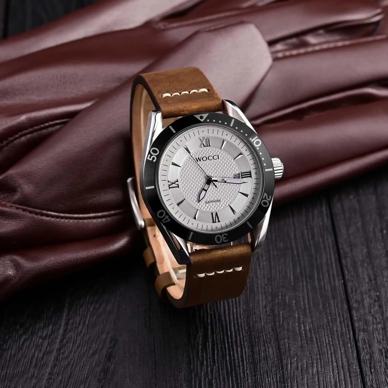 WOCCI 26mm Old-fashioned Watch Band for Men, Top Grain Leather, Silver Brushed Buckle (Caramel Brown)
