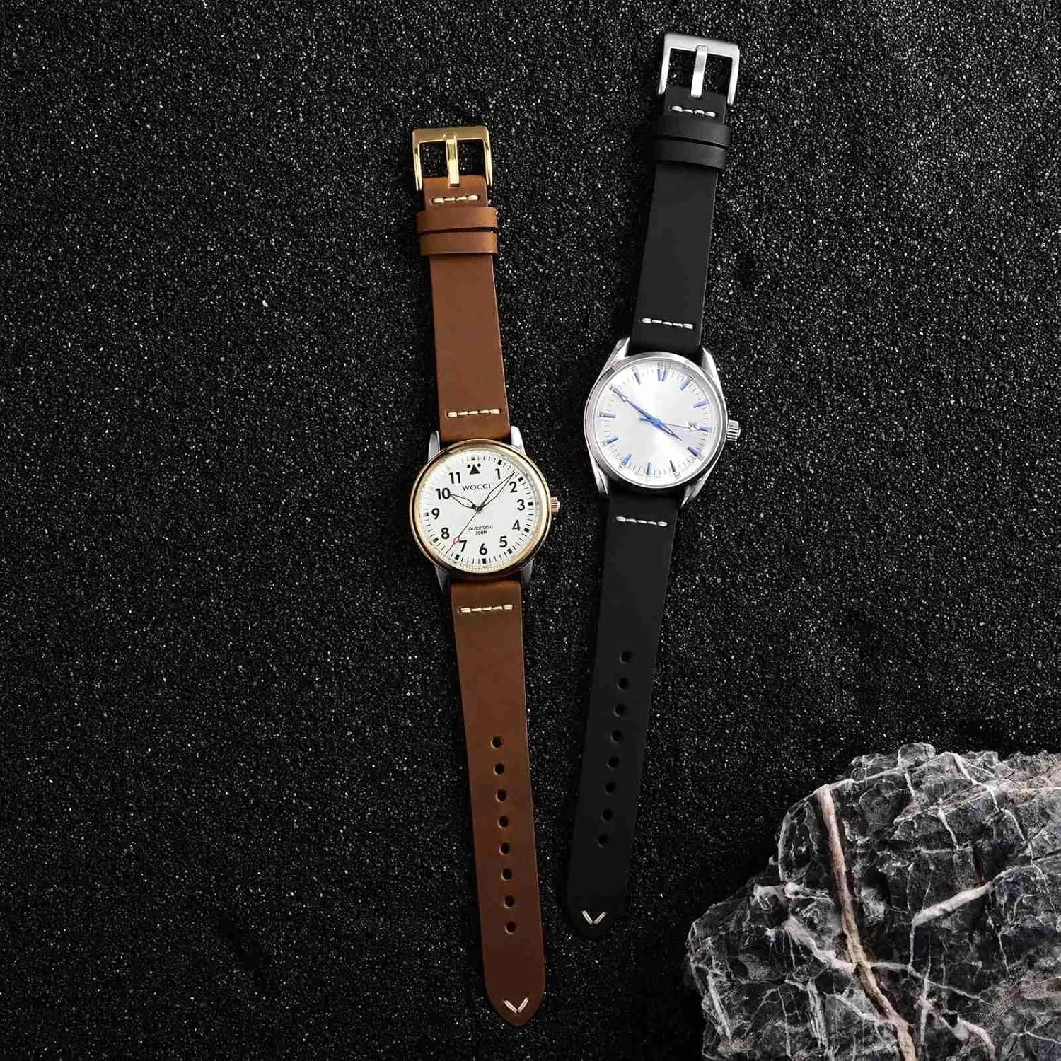 WOCCI 26mm Old-fashioned Watch Band for Men, Top Grain Leather, Silver Brushed Buckle (Caramel Brown)