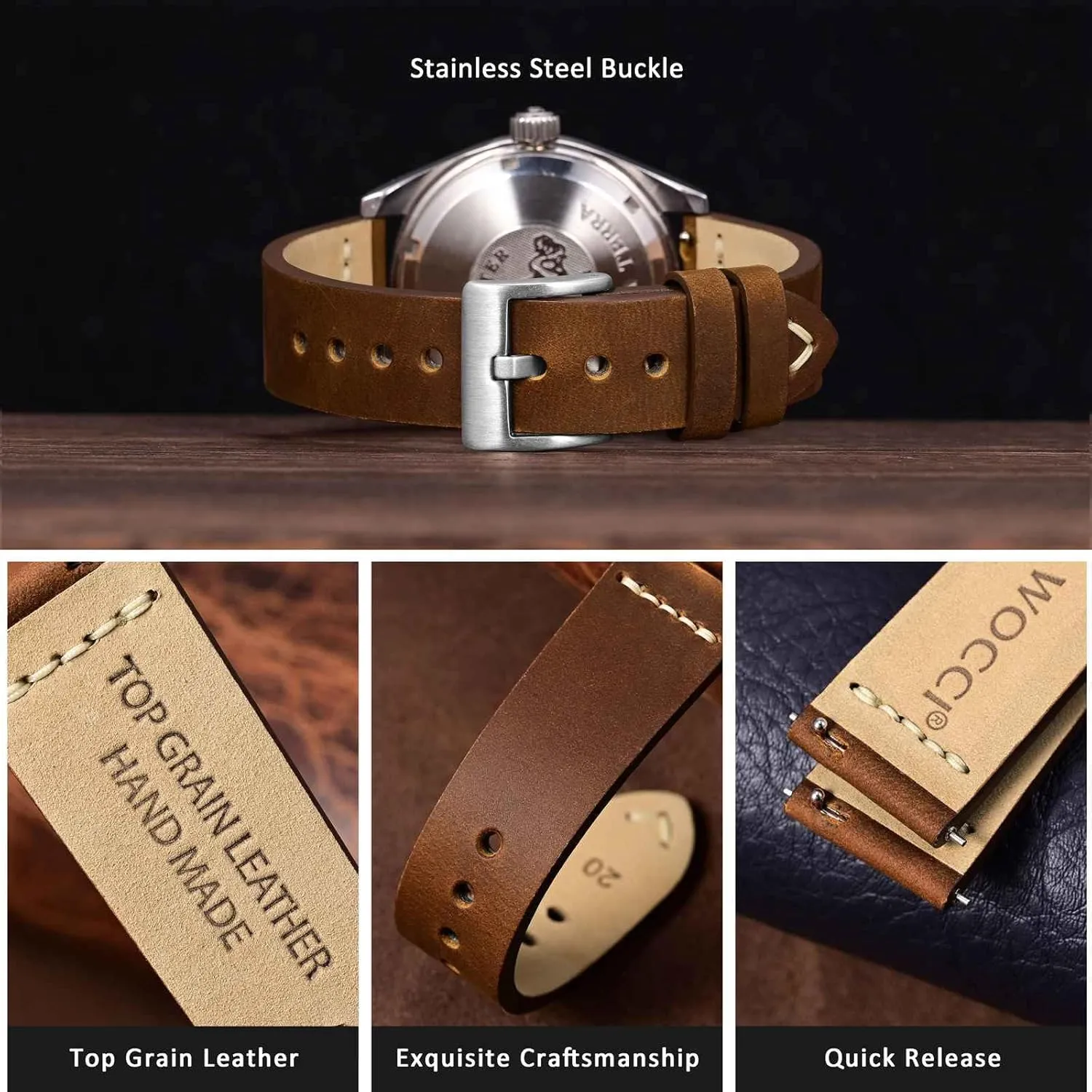 WOCCI 26mm Old-fashioned Watch Band for Men, Top Grain Leather, Silver Brushed Buckle (Caramel Brown)