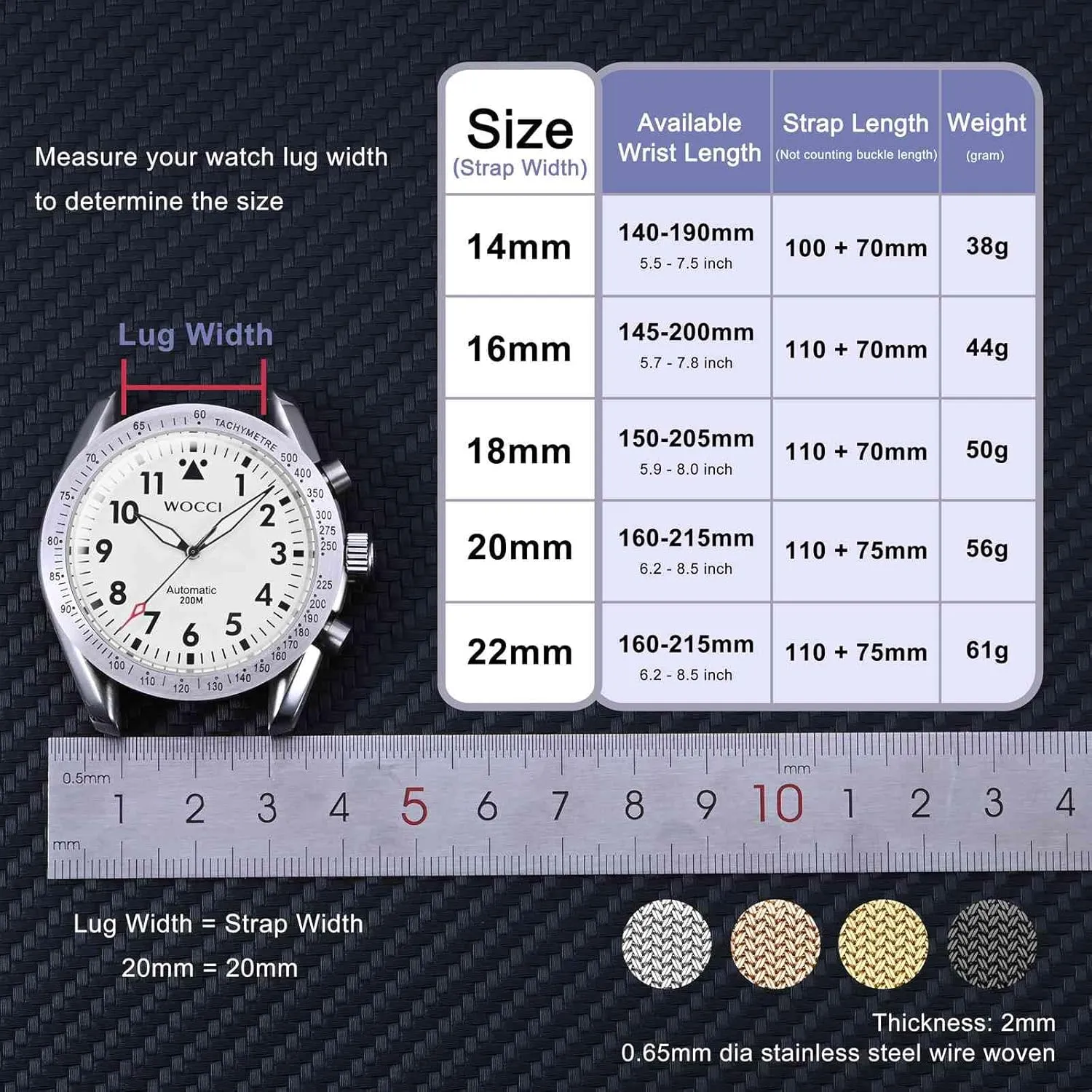 WOCCI Elite Metal Watch Band for Women and Men, Mesh Woven, 316L Stainless Steel, Quick Release, Fold Clasp, Strap Width 14mm 16mm 18mm 20mm 22mm