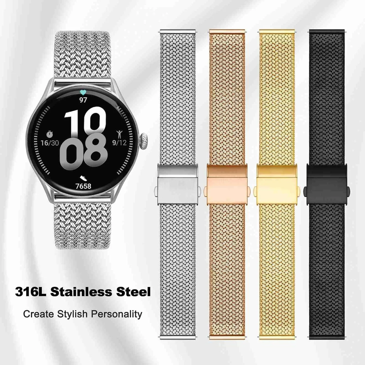 WOCCI Elite Metal Watch Band for Women and Men, Mesh Woven, 316L Stainless Steel, Quick Release, Fold Clasp, Strap Width 14mm 16mm 18mm 20mm 22mm