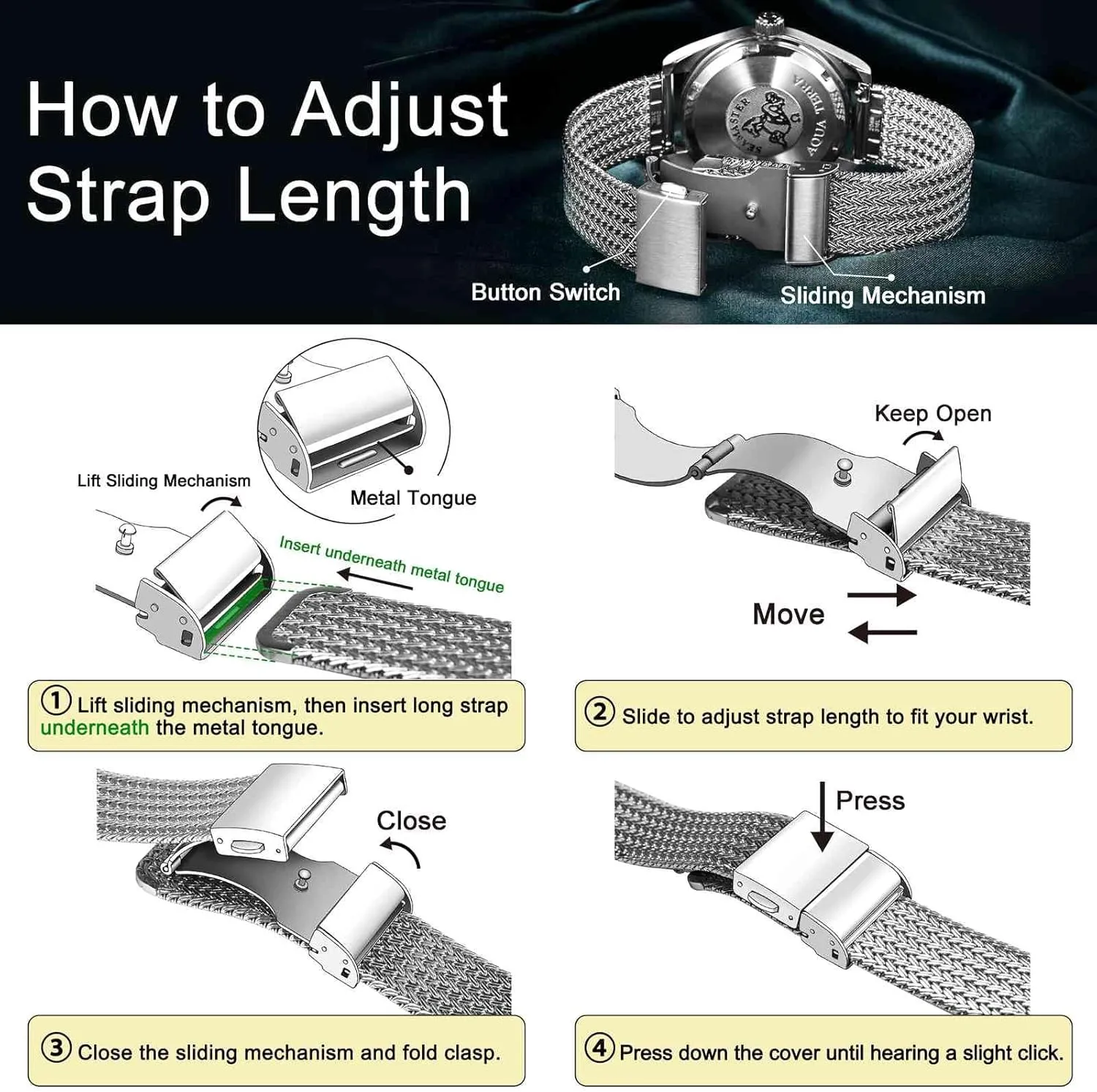 WOCCI Elite Metal Watch Band for Women and Men, Mesh Woven, 316L Stainless Steel, Quick Release, Fold Clasp, Strap Width 14mm 16mm 18mm 20mm 22mm