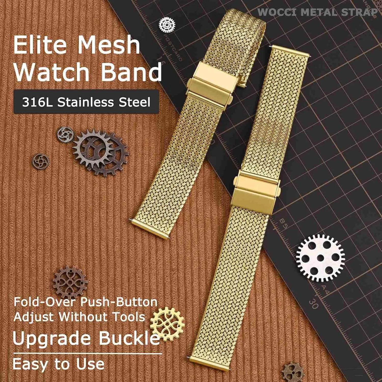 WOCCI Elite Metal Watch Band for Women and Men, Mesh Woven, 316L Stainless Steel, Quick Release, Upgraded Fold Clasp, Strap Width 14mm 16mm 18mm 20mm 22mm