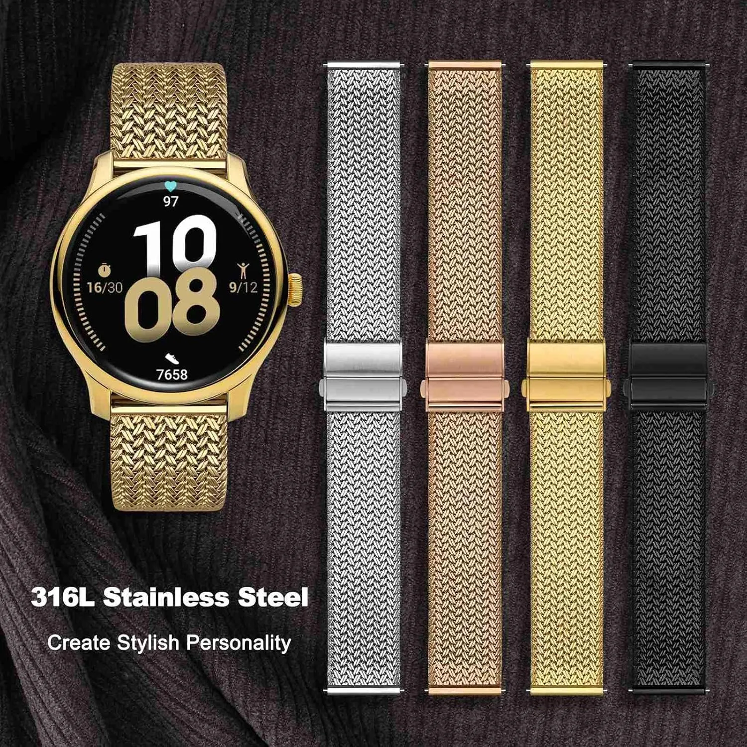 WOCCI Elite Metal Watch Band for Women and Men, Mesh Woven, 316L Stainless Steel, Quick Release, Upgraded Fold Clasp, Strap Width 14mm 16mm 18mm 20mm 22mm