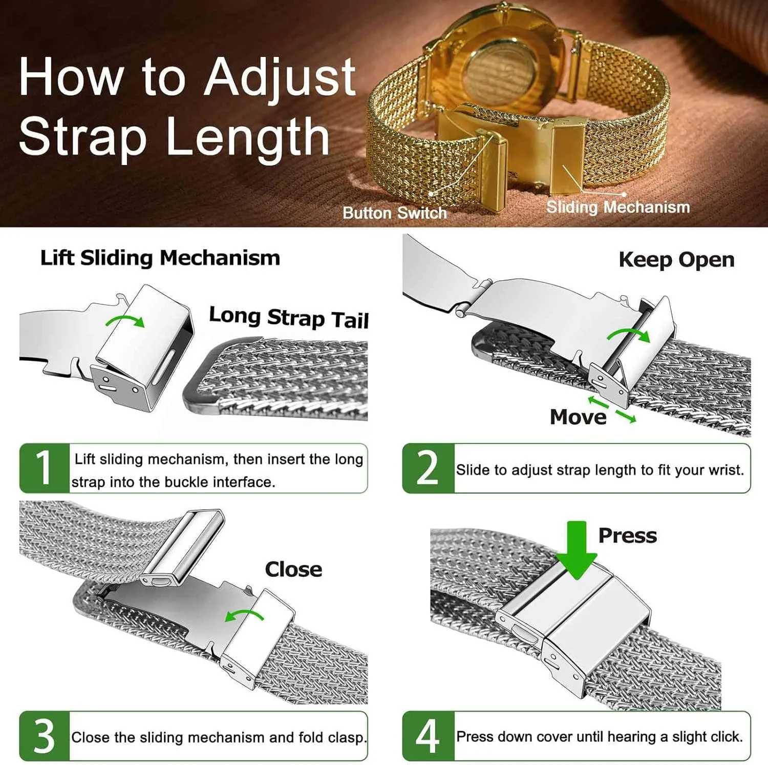WOCCI Elite Metal Watch Band for Women and Men, Mesh Woven, 316L Stainless Steel, Quick Release, Upgraded Fold Clasp, Strap Width 14mm 16mm 18mm 20mm 22mm