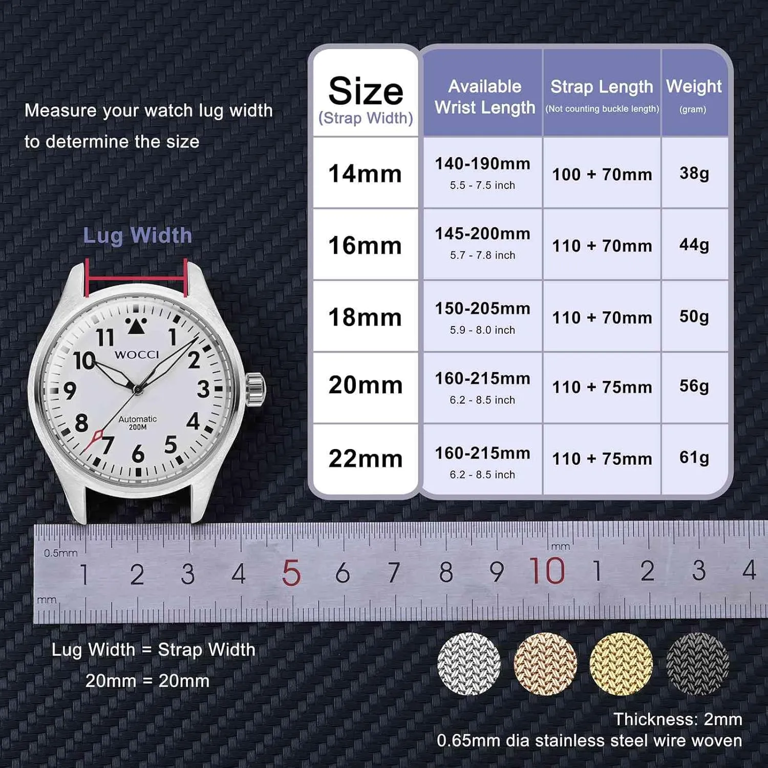 WOCCI Elite Metal Watch Band for Women and Men, Mesh Woven, 316L Stainless Steel, Quick Release, Upgraded Fold Clasp, Strap Width 14mm 16mm 18mm 20mm 22mm