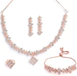 Women Rose Gold Plated American Diamond Studded Square Shaped Necklace, Earring & Bracelet With Ring Jewellery Set