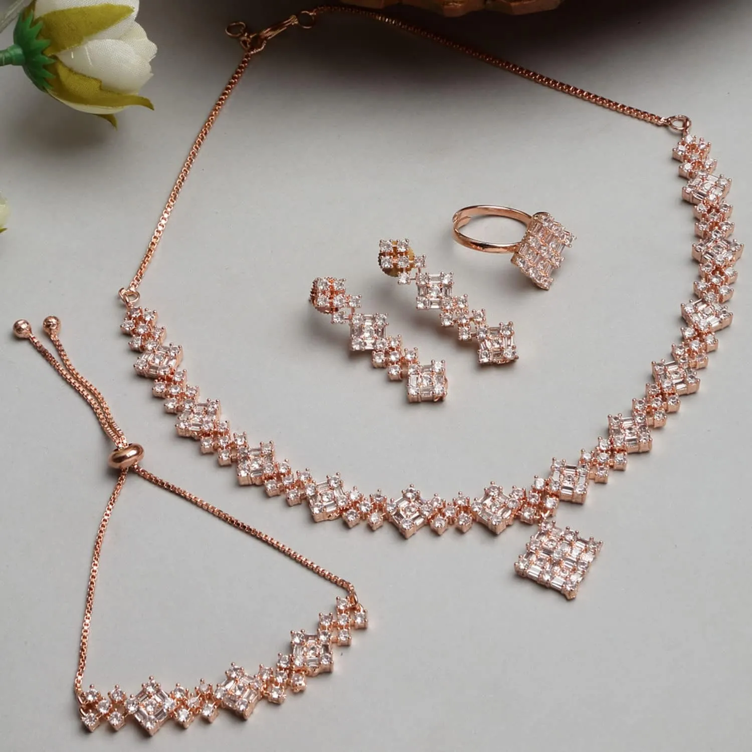 Women Rose Gold Plated American Diamond Studded Square Shaped Necklace, Earring & Bracelet With Ring Jewellery Set
