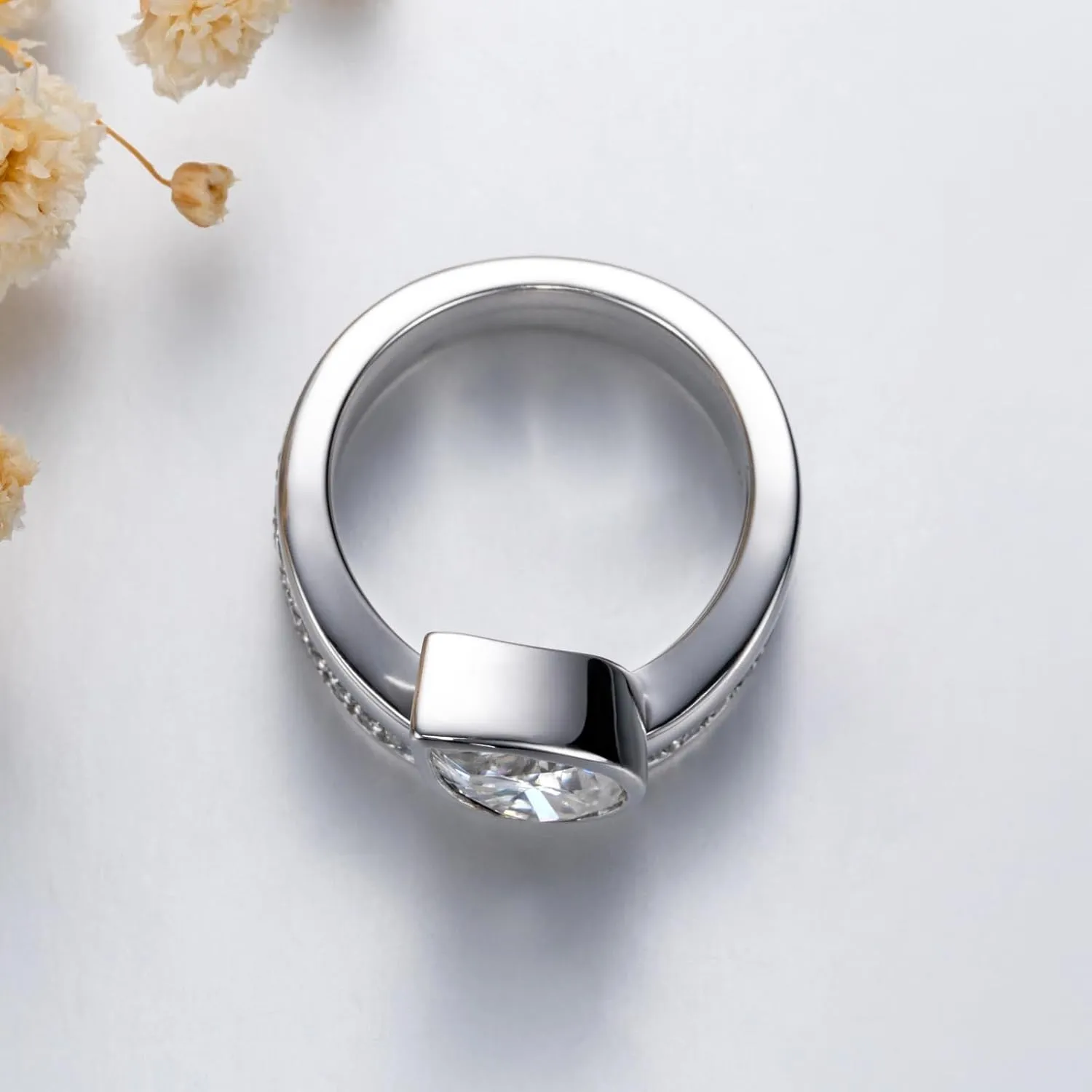 Womens 2.5 Carat Crushed Ice Cut Pear Moissanite Bezel Ring with Curved Guard Wrap Enhancer for Engagement Anniversary Rings Platinum-Plated Silver Channel Eternity Wedding Band Bridal Set