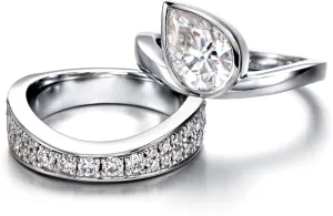 Womens 2.5 Carat Crushed Ice Cut Pear Moissanite Bezel Ring with Curved Guard Wrap Enhancer for Engagement Anniversary Rings Platinum-Plated Silver Channel Eternity Wedding Band Bridal Set