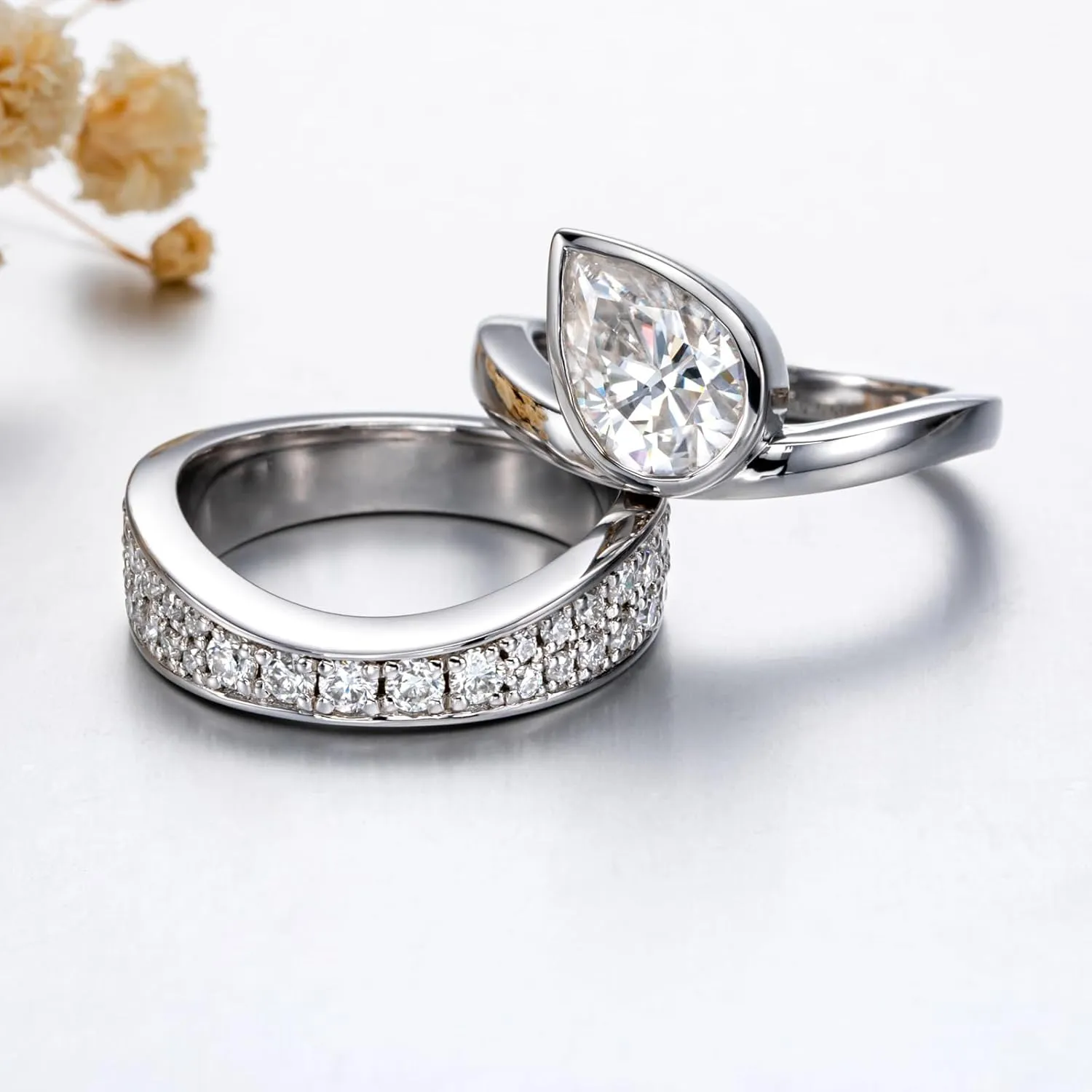 Womens 2.5 Carat Crushed Ice Cut Pear Moissanite Bezel Ring with Curved Guard Wrap Enhancer for Engagement Anniversary Rings Platinum-Plated Silver Channel Eternity Wedding Band Bridal Set
