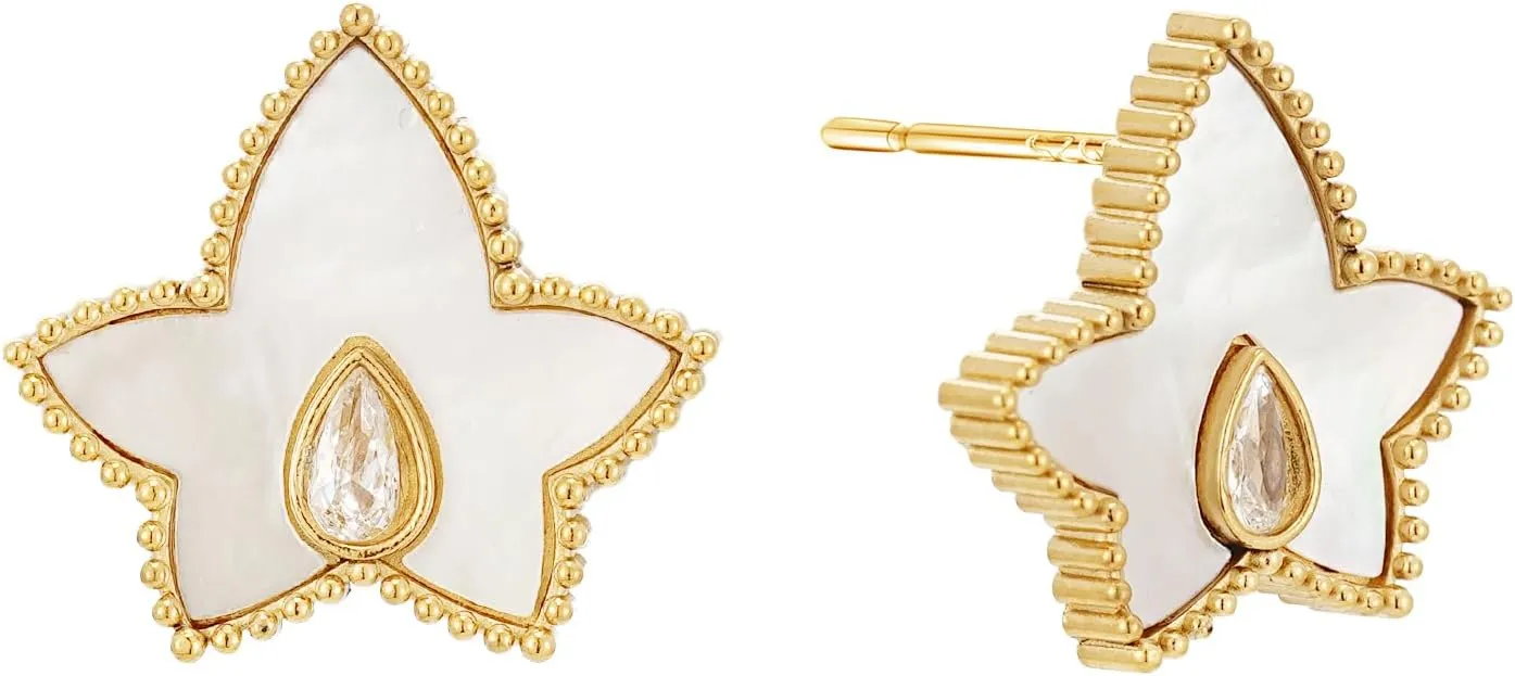Women's Star Earrings 14K Gold Plated Mother-of-pearl Surface Stud Earrings with Dazzling Teardrop Gem Accent Statement Cute Flower Stainless Steel Earrings