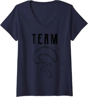 Womens Team Catholic Cross Pendant Jesus Christ Christening Gift V-Neck T-Shirt