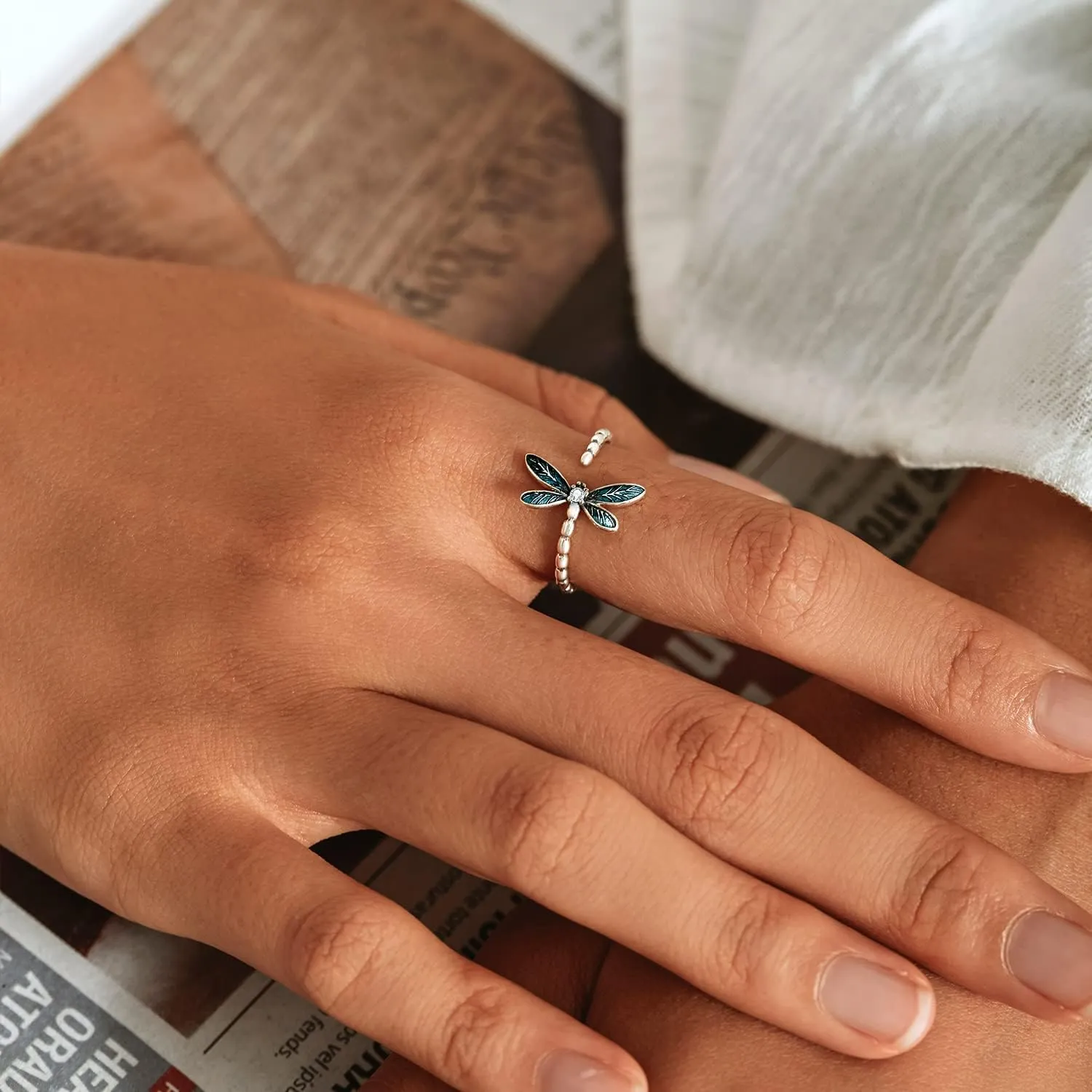 WOSTU 925 Sterling Silver Vivid Dragonfly Open Ring Sun and Moon Ring Dragon Animal Adjustable Rings for Women Stackable Rings Jewelry Gift