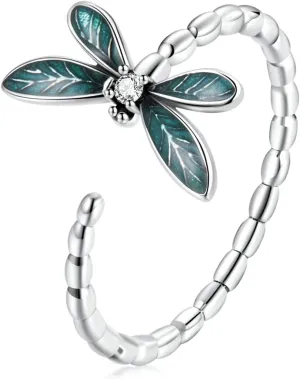 WOSTU 925 Sterling Silver Vivid Dragonfly Open Ring Sun and Moon Ring Dragon Animal Adjustable Rings for Women Stackable Rings Jewelry Gift