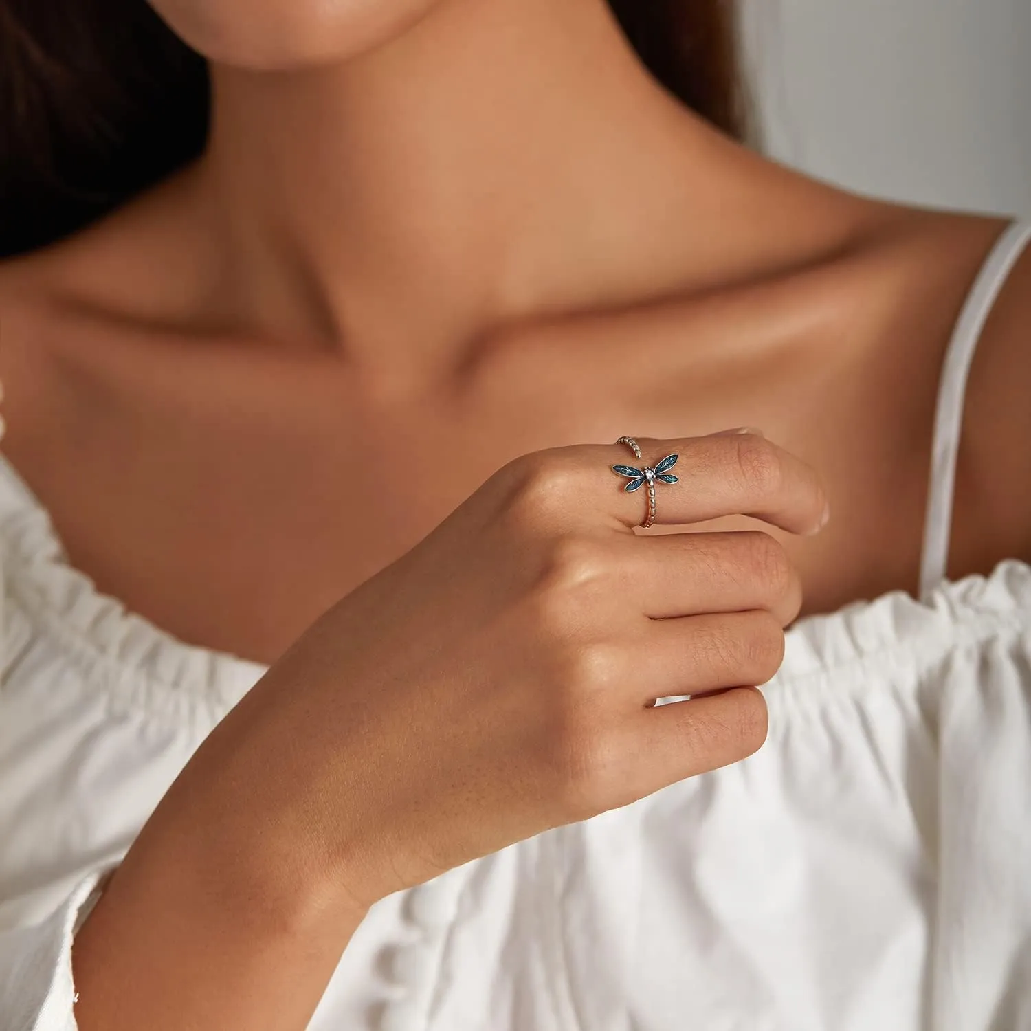 WOSTU 925 Sterling Silver Vivid Dragonfly Open Ring Sun and Moon Ring Dragon Animal Adjustable Rings for Women Stackable Rings Jewelry Gift