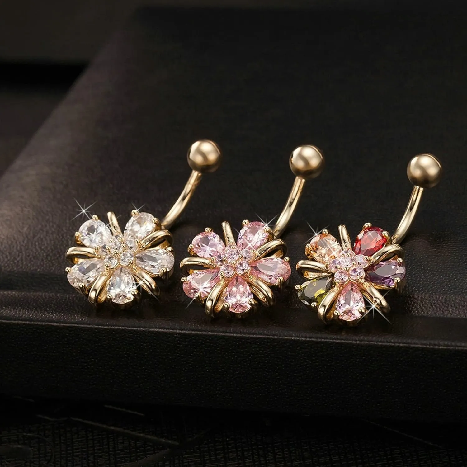 Wycian Bellybutton Ring, Dangle Belly Button Rings Flower Cubic Zirconia White Surgical Steel 3.28G for Women Girls Body Piercing Jewelry