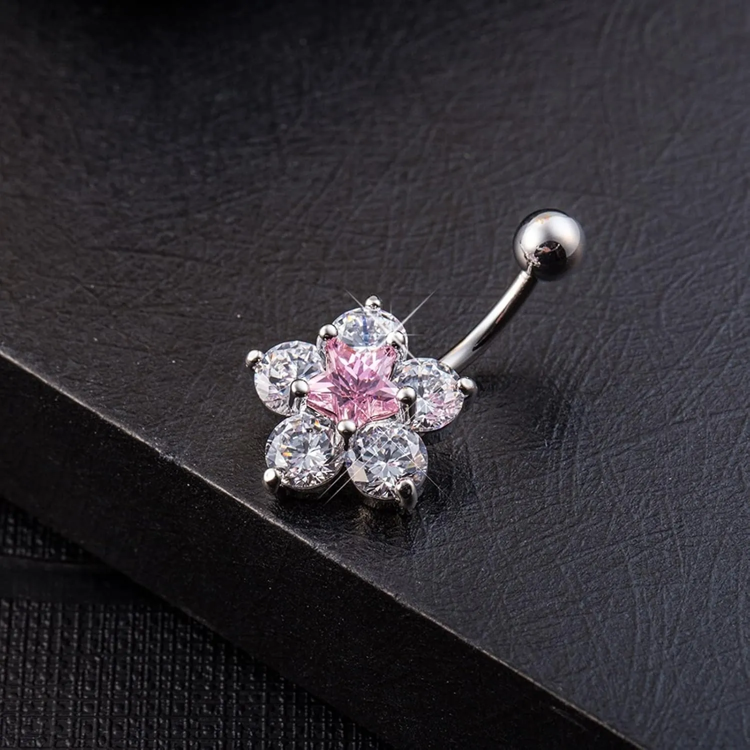 Wycian Boho Belly Button Rings, Stainless Steel Jewelry for Women Cubic Zirconia Silver Flower 4.28G for Women Girls Body Piercing Jewelry