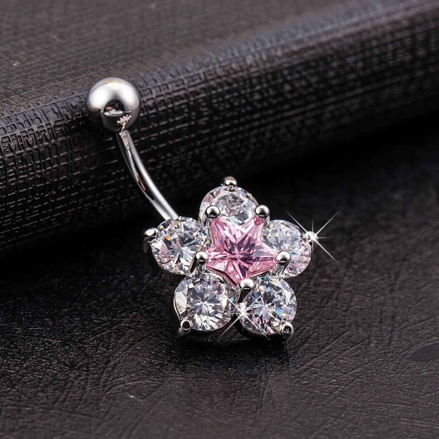 Wycian Boho Belly Button Rings, Stainless Steel Jewelry for Women Cubic Zirconia Silver Flower 4.28G for Women Girls Body Piercing Jewelry