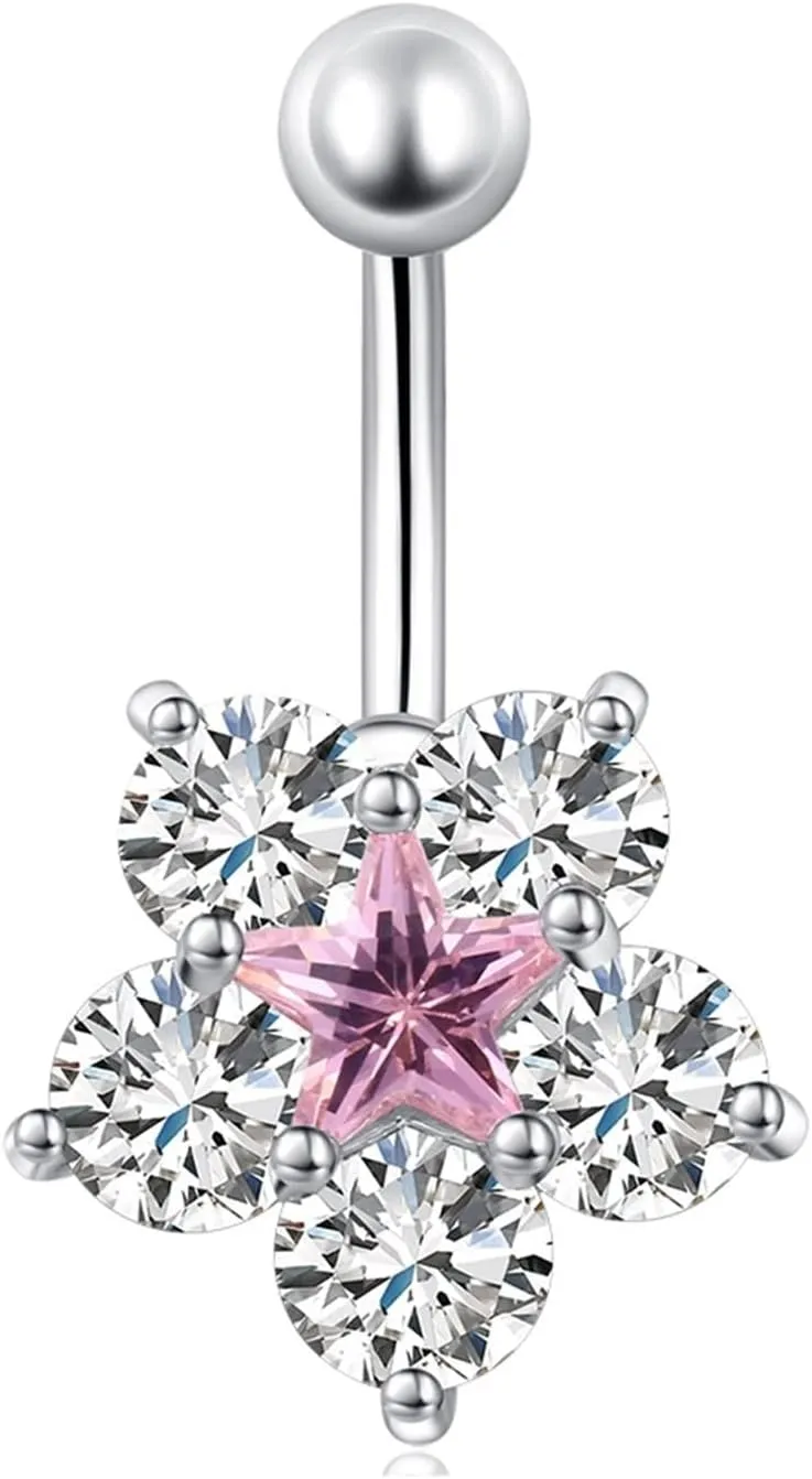 Wycian Boho Belly Button Rings, Stainless Steel Jewelry for Women Cubic Zirconia Silver Flower 4.28G for Women Girls Body Piercing Jewelry