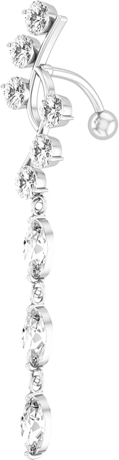 Wycian Navel Rings for Women Dangle, Industrial Piercing Jewelry Aesthetic Cubic Zirconia Silver Surgical Steel Long Chain for Women Piercing Jewelry
