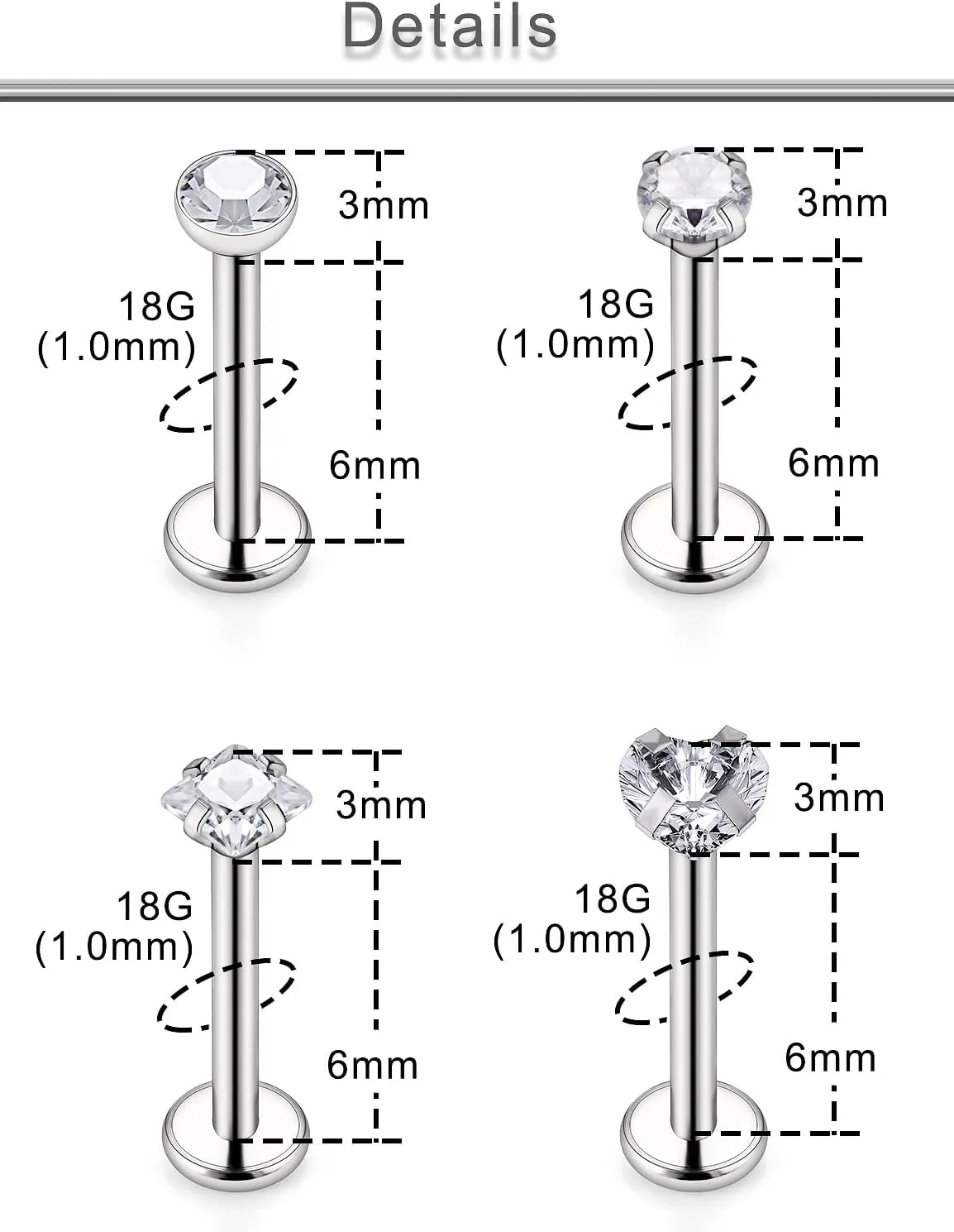 Yaalozei 20G 18G 16G Titanium Threadless Push in Nose Rings Studs G23 Hypoallergenic Lip Labret Medusa Rings Flat Back Tragus Helix Cartilage Earrings Stud Piercing Jewerly for Women Men 6mm Bars