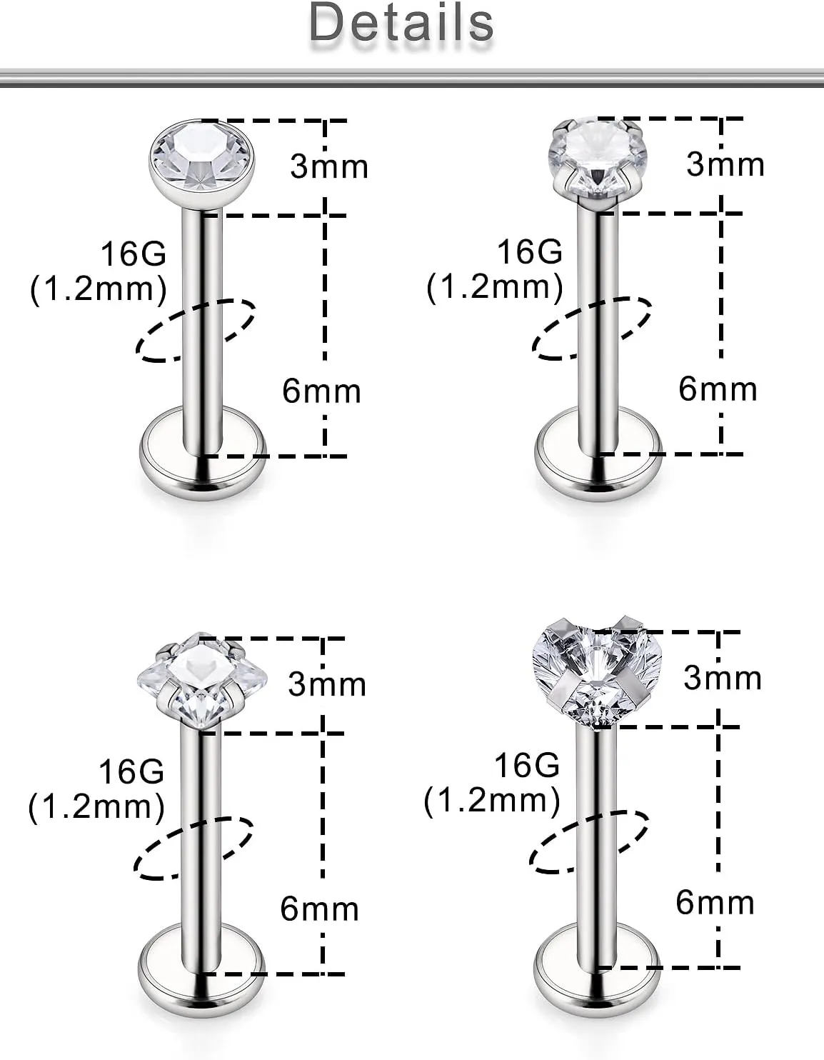 Yaalozei 20G 18G 16G Titanium Threadless Push in Nose Rings Studs G23 Hypoallergenic Lip Labret Medusa Rings Flat Back Tragus Helix Cartilage Earrings Stud Piercing Jewerly for Women Men 6mm Bars