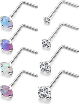 Yaalozei 22G 20G 18G G23 Titanium Nose Ring Studs Hypoallergenic L Shaped Nose Studs Multicolored Opal Nose Stud Silver Nostril Piercings Nose Piercing Jewerly for Women Men CZ 1.5mm 2mm 2.5mm 3mm