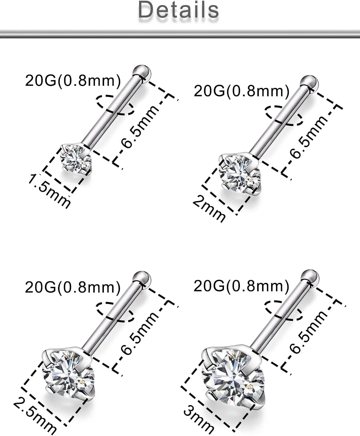 Yaalozei 22G 20G 18G G23 Titanium Nose Ring Studs Hypoallergenic Straight Nose Studs Multicolored Opal Nose Stud Silver Nostril Piercings Nose Piercing Jewerly for Women Men CZ 1.5mm 2mm 2.5mm 3mm
