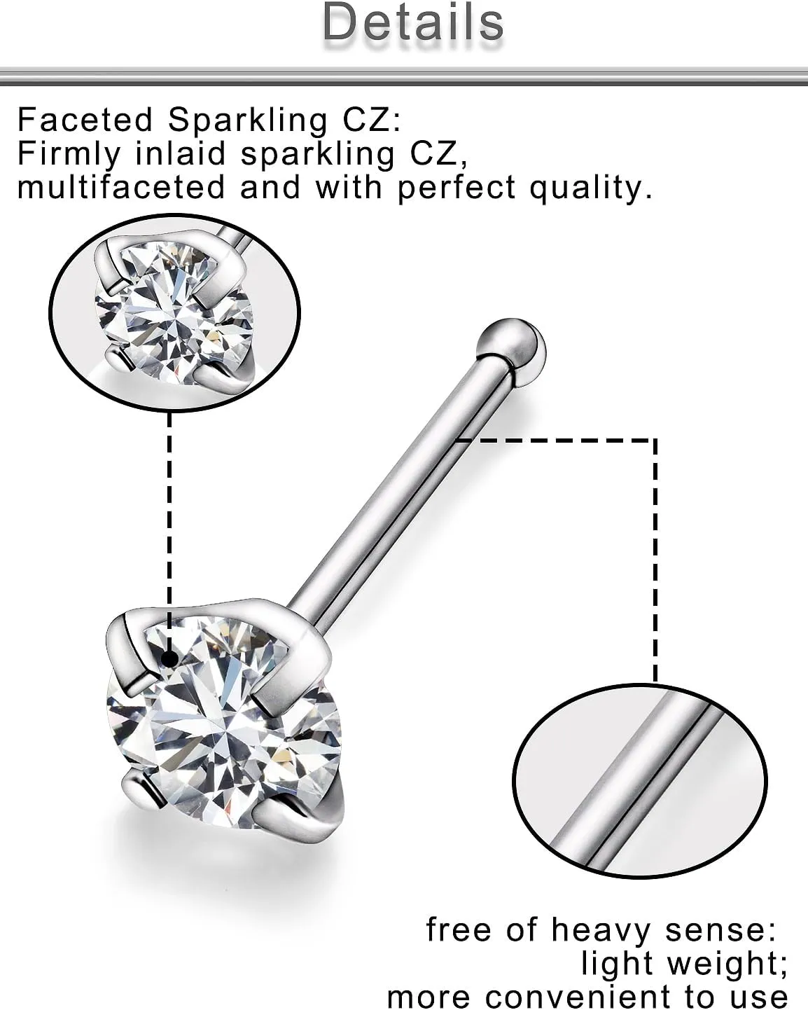 Yaalozei 22G 20G 18G G23 Titanium Nose Ring Studs Hypoallergenic Straight Nose Studs Multicolored Opal Nose Stud Silver Nostril Piercings Nose Piercing Jewerly for Women Men CZ 1.5mm 2mm 2.5mm 3mm