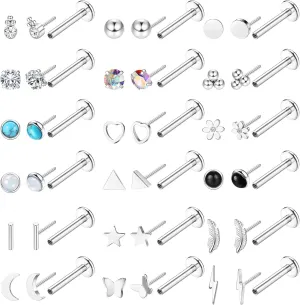 YADOCA 20G Threadless Flat Back Earrings for Women Men - Hypoallergenic Surgical Steel Push in Nose Stud Rings Labret Cartilage Lip Rings Medusa Nostril Conch Tragus Piercing Jewelry 18 Pairs