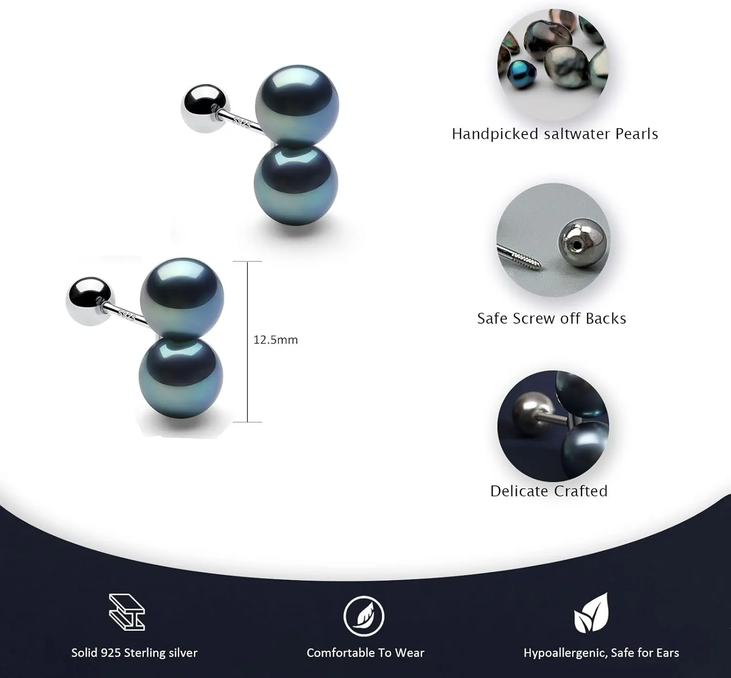 YAMI Pearl Earrings for Women, Freshwater/Saltwater Cultured Pearls in 925 Sterling Silver, Hypoallergenic Earrings for Women, Black/White