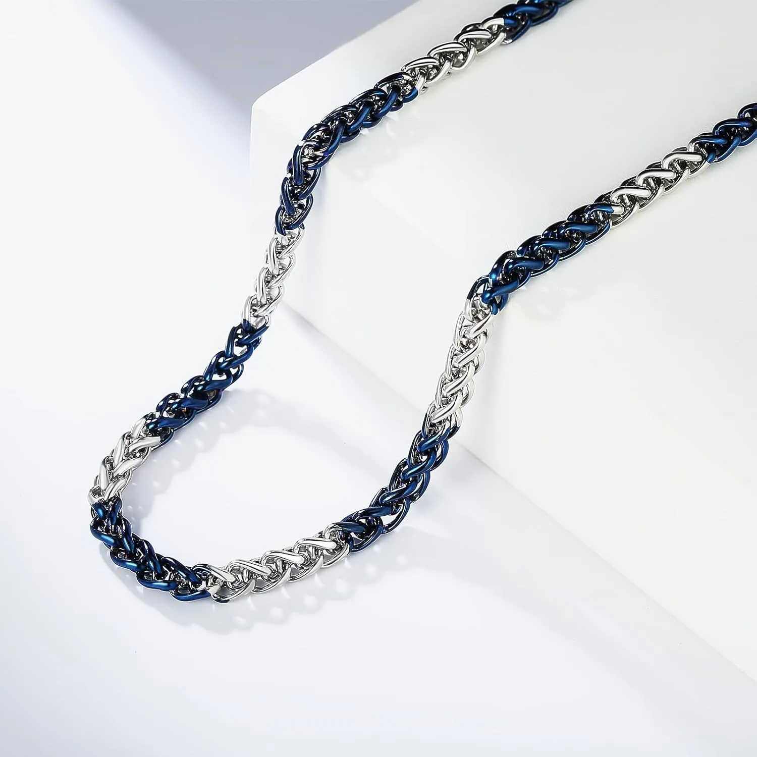 YAMI Unisex Adult Modern Wheat Chain Necklace, Blue Titanium Steel, 18 inches, Lobster Clasp, Blue Stone, Gold & Silver Plated, Fine Jewelry, Casual