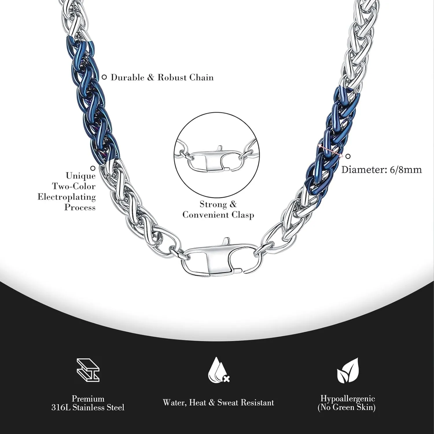 YAMI Unisex Adult Modern Wheat Chain Necklace, Blue Titanium Steel, 18 inches, Lobster Clasp, Blue Stone, Gold & Silver Plated, Fine Jewelry, Casual