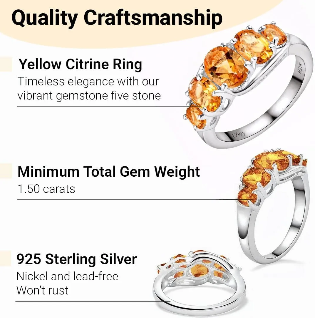 Yellow Citrine Ring 5 Stone - Birthstone Rings for Women in 925 Sterling Silver Engagement Promise Gemstone Jewelry - Birthday Gifts for Her