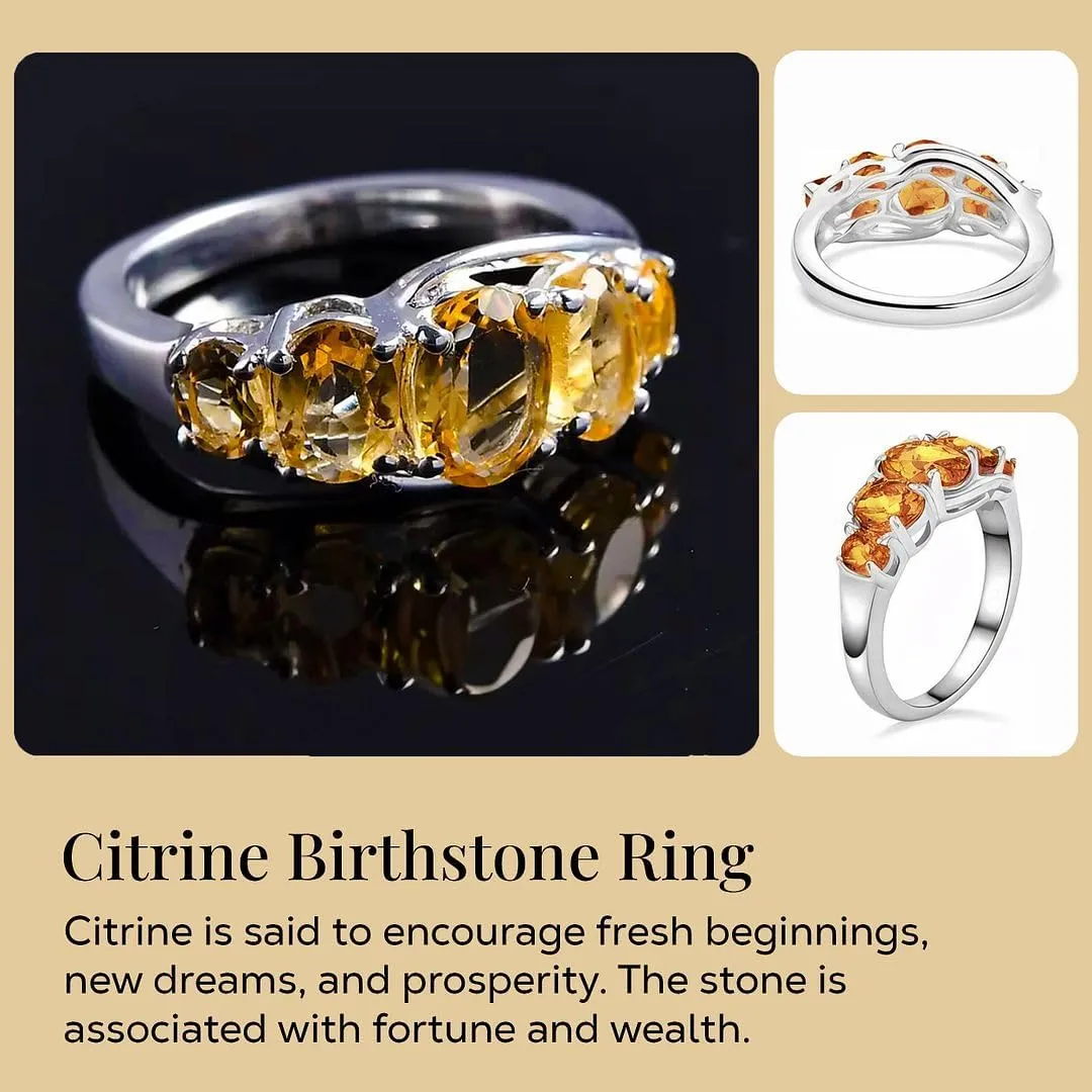 Yellow Citrine Ring 5 Stone - Birthstone Rings for Women in 925 Sterling Silver Engagement Promise Gemstone Jewelry - Birthday Gifts for Her