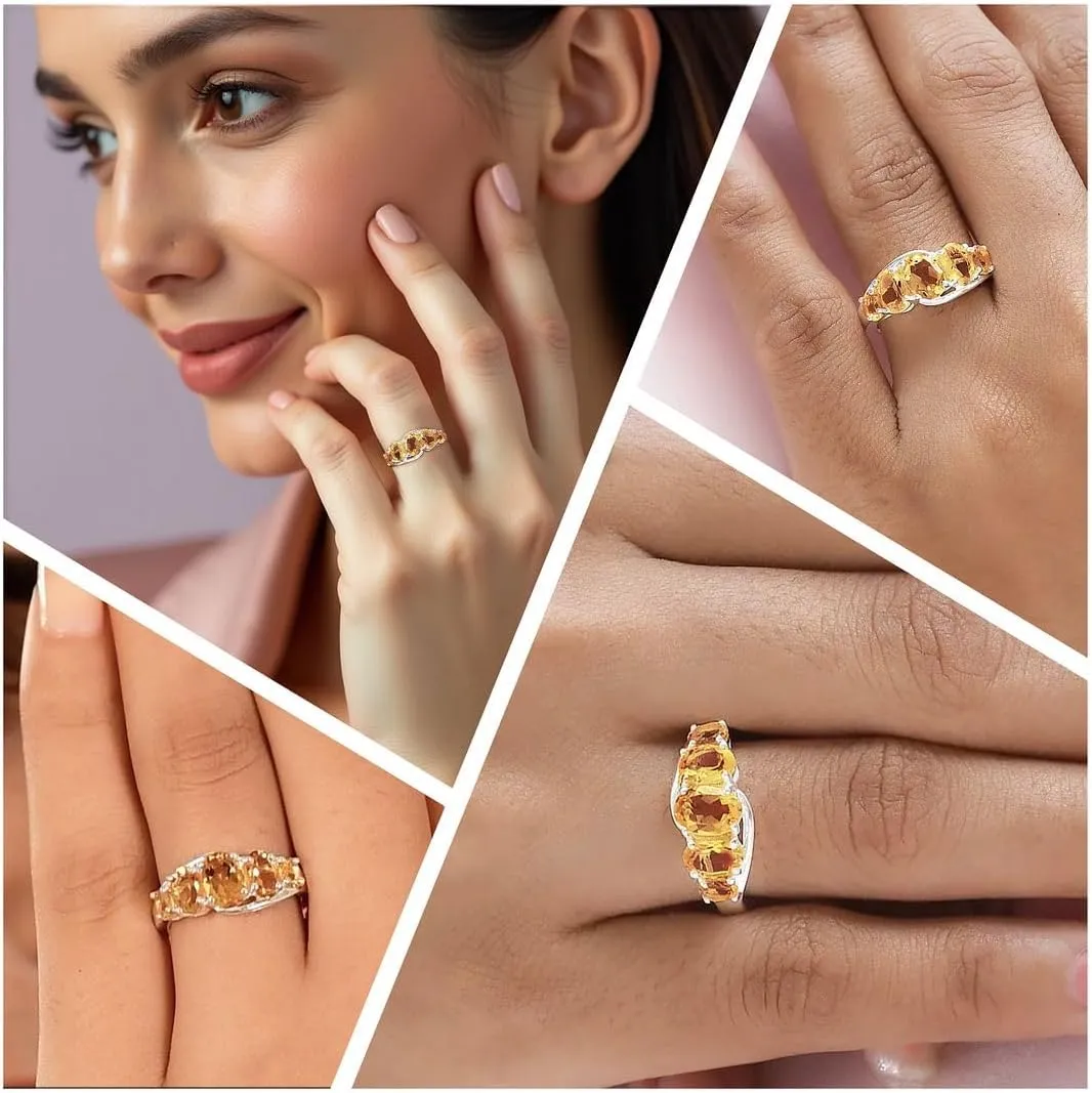 Yellow Citrine Ring 5 Stone - Birthstone Rings for Women in 925 Sterling Silver Engagement Promise Gemstone Jewelry - Birthday Gifts for Her
