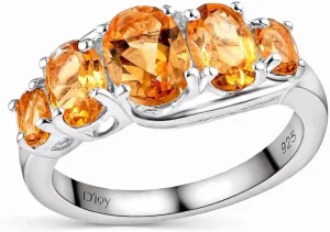 Yellow Citrine Ring 5 Stone - Birthstone Rings for Women in 925 Sterling Silver Engagement Promise Gemstone Jewelry - Birthday Gifts for Her