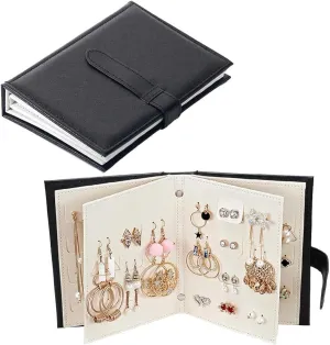Yiluana Earring Book Organizer, Portable Earring Holder Case Pu Leather Travel Earring Case with Foldable Book Design (Black)