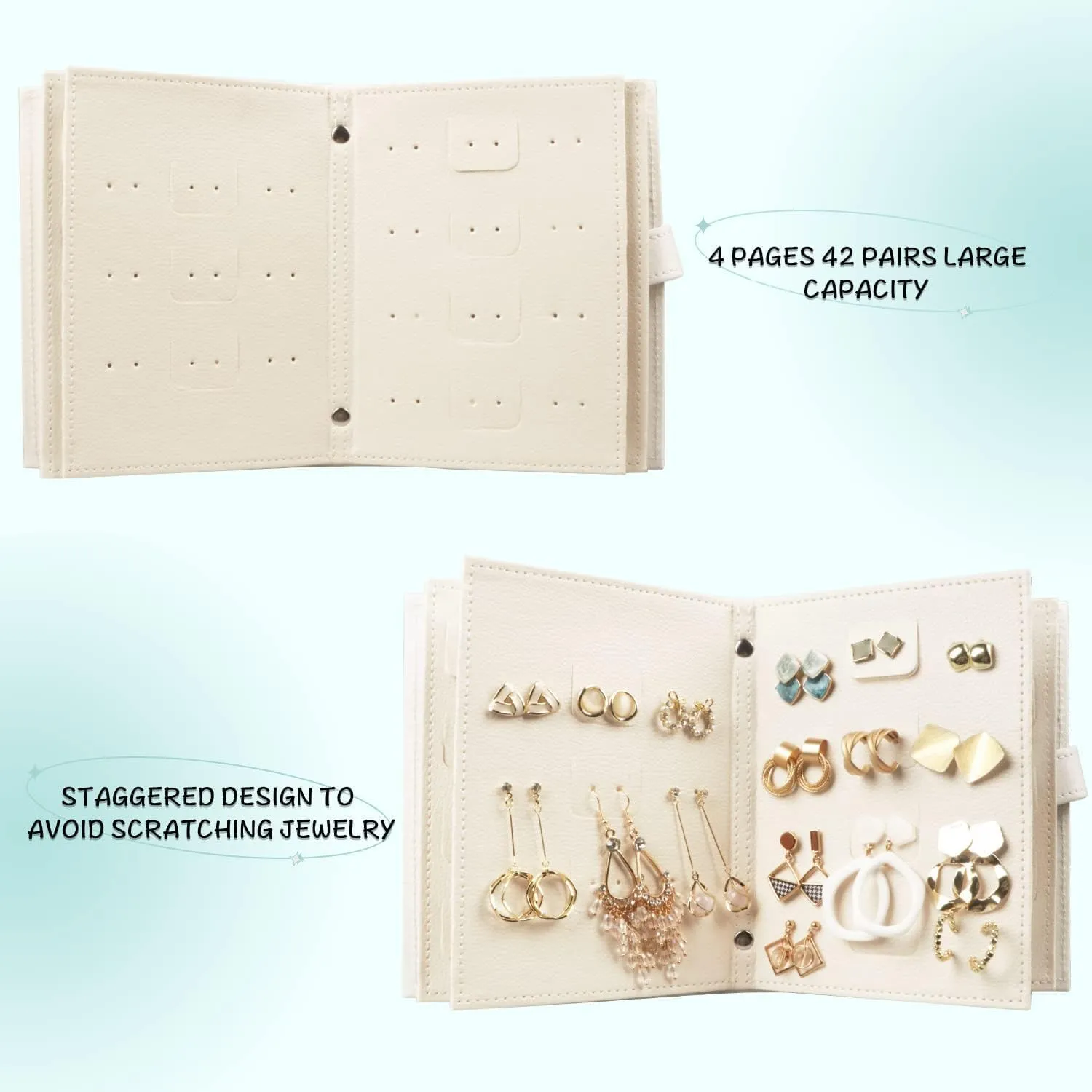 Yiluana Earring Book Organizer, Portable Earring Holder Case Pu Leather Travel Earring Case with Foldable Book Design (White)