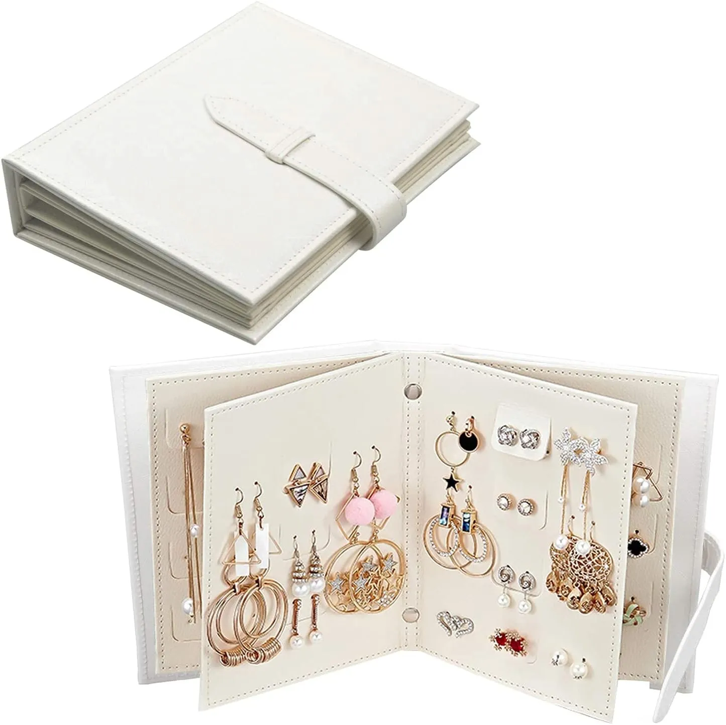 Yiluana Earring Book Organizer, Portable Earring Holder Case Pu Leather Travel Earring Case with Foldable Book Design (White)