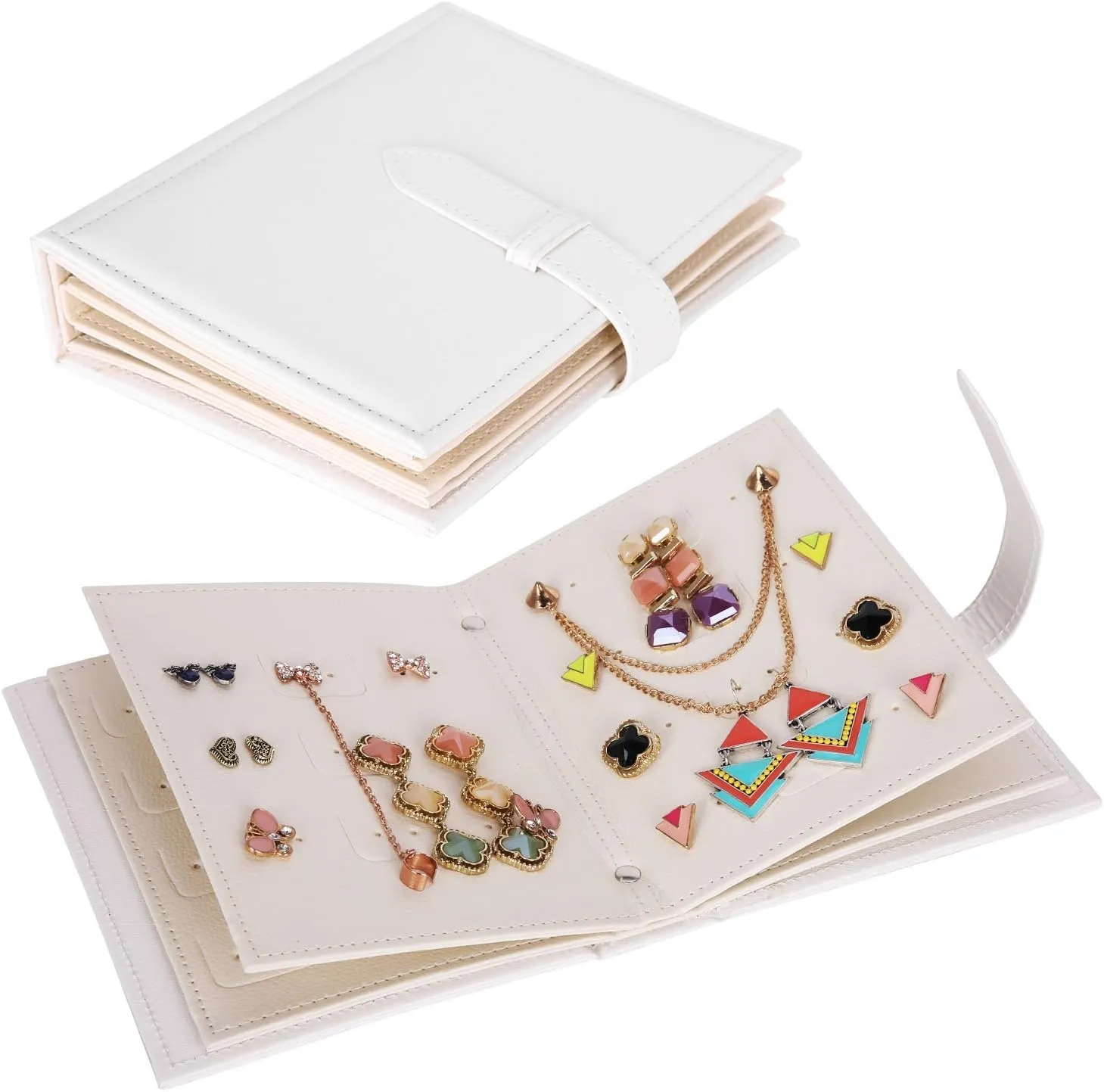 Yiluana Earring Book Organizer, Portable Earring Holder Case Pu Leather Travel Earring Case with Foldable Book Design (White)