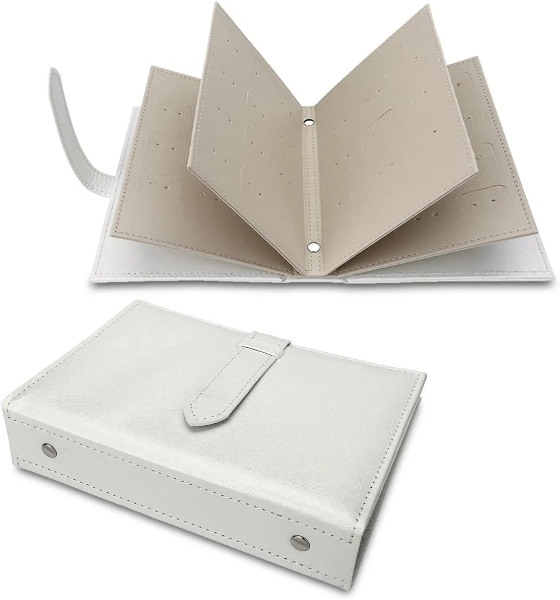 Yiluana Earring Book Organizer, Portable Earring Holder Case Pu Leather Travel Earring Case with Foldable Book Design (White)