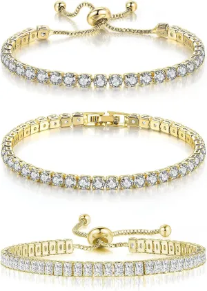 YOYUNLUO 3 Pcs Tennis Bracelets for Women Gold Plated 4mm 5A  Cubic Zirconia CZ Diamond Adjustable Bracelet Fashion Jewelry Gift Size 6.5-7.5 Inch