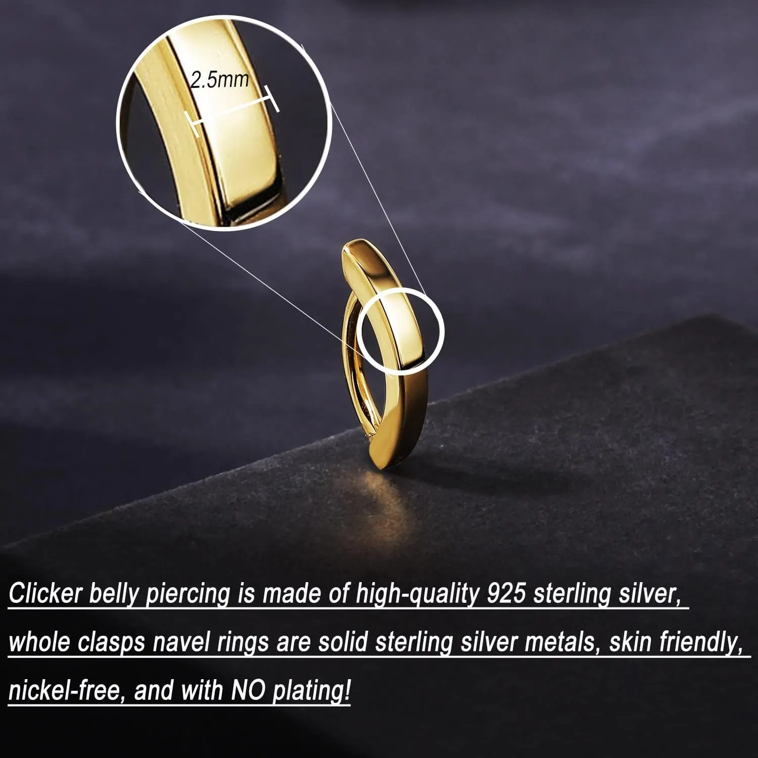 ZS 14G 925 Sterling Silver Belly Button Rings for Women, Clicker Belly Barbell Piercing Reverse Curved Navel Barbell Body Jewelry