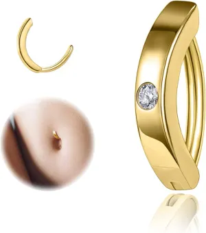 ZS 14G Clicker Belly Button Rings for Women, 3mm Wide 925 Sterling Silver Belly Barbell Piercing Simulated Diamonds Gold Curved Navel Barbell Body Jewelry