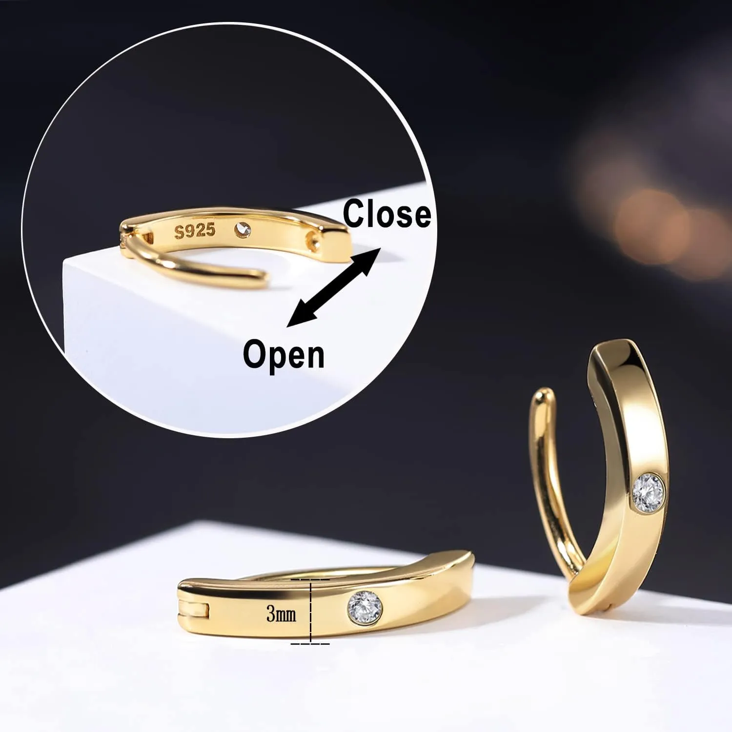ZS 14G Clicker Belly Button Rings for Women, 3mm Wide 925 Sterling Silver Belly Barbell Piercing Simulated Diamonds Gold Curved Navel Barbell Body Jewelry