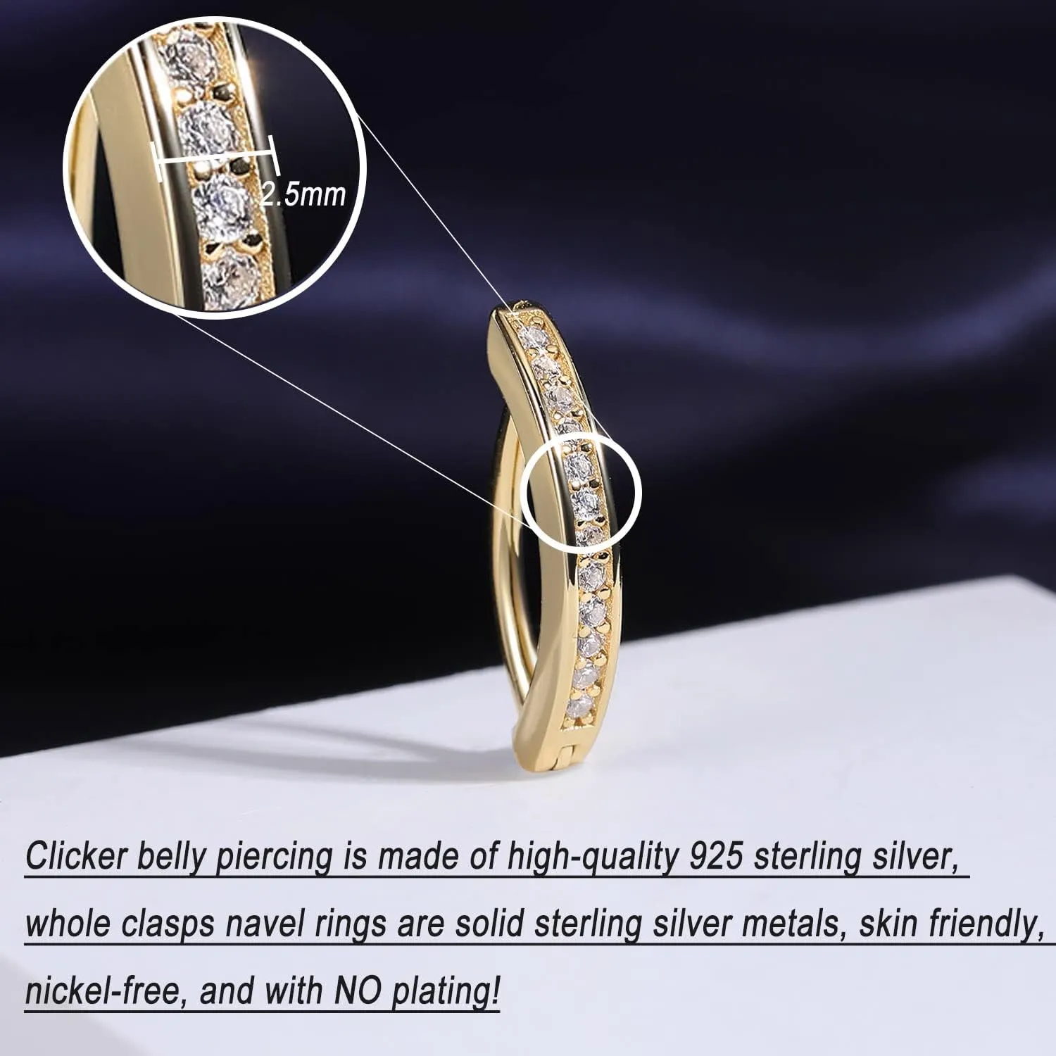 ZS 14G Clicker Belly Button Rings for Women, 925 Sterling Silver Belly Barbell Piercing Simulated Diamonds Rivet Reverse Curved Navel Barbell Body Jewelry